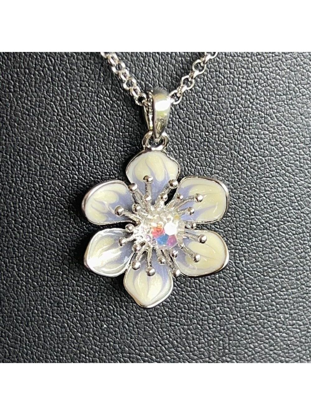 Eternal Bloom Necklace Silver Enamel Clear Faceted Swarovski Crystal - Picture 6 of 9
